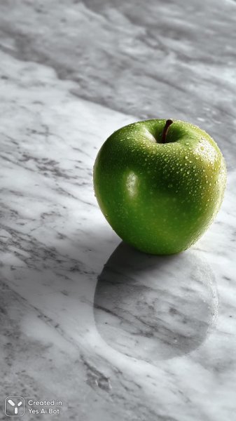 Изумрудное яблоко на мраморном фоне: минимализм и деталь в студийной съемке. Картинка из нейросети Midjourney