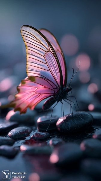 Яркая бабочка на черном камне: фотореализм и нежные оттенки розового цвета. Генерация из нейронной сети Midjourney