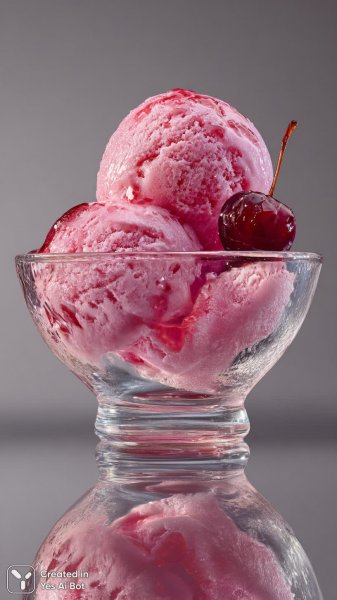 Яркое наслаждение: розовое мороженое с вишневым сиропом в стеклянной тарелке. Картинка из нейросети Midjourney