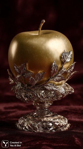 Золотое яблоко на хрустальном пьедестале в деталях студийной фотографии. Генерация из нейронной сети Миджорни