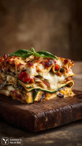 Изысканная овощная лазанья с базиликом и моцареллой: фотореалистичный шедевр. Изображение из нейросети Midjourney