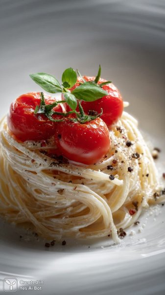 Изысканная паста Альфредо с сочными помидорами черри и свежей зеленью. Генерация из нейросети Midjourney