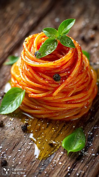 Изысканная паста с томатами и базиликом: фотореалистичная гастрономическая красота. Изображение из нейронной сети Midjourney