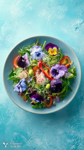 Изысканный салат с цветами и овощами в стиле фуд-фотографии. Изображение из нейронной сети Midjourney