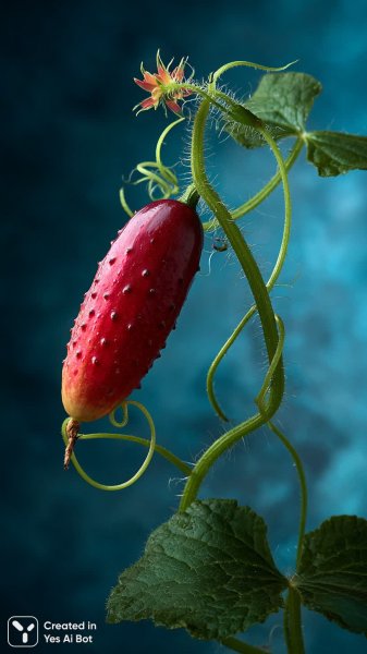 Изумительный красный огурец: фотореалистичный снимок в студии с контрастным освещением и детализацией. Картинка из нейросети Midjourney