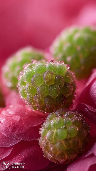 Малина в капельках росы: макросъемка с мягким светом и яркими цветами. Изображение из нейронной сети Midjourney