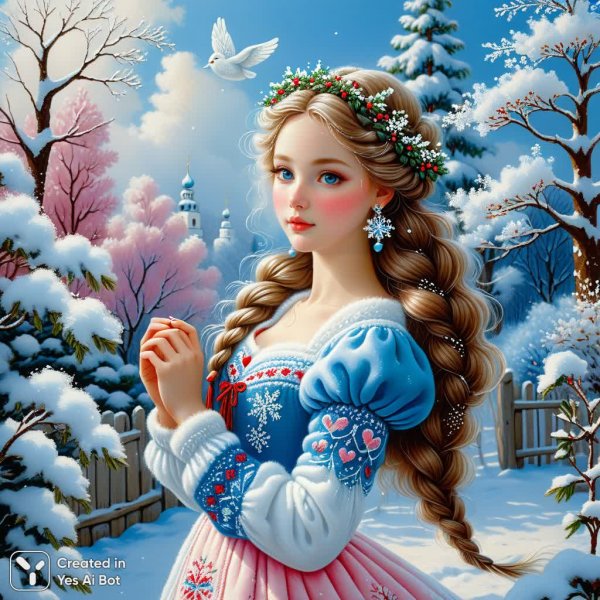 Снежная красавица: нежность и детали зимнего волшебства в наивном искусстве. Нейронная сеть Stable Diffusion