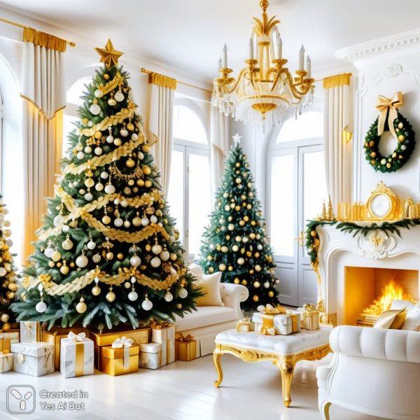 Роскошная елка: золото, бриллианты и горы денег в праздничном интерьере. Генерация из нейросети Stable Diffusion