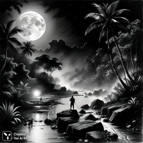 Ночная глубина джунглей под лунным светом в монохроме. Генерация из нейронной сети Stable Diffusion