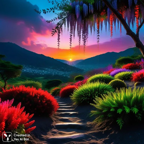 Загадочный пейзаж: огненные пески, серебряный дождь и пурпурные заросли. Нейросеть Stable Diffusion