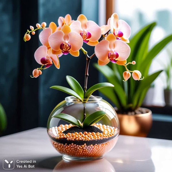 Нежная орхидея Персиковая жемчужина в стеклянном горшке: крупный план и эстетика. Картинка из нейросети Stable Diffusion