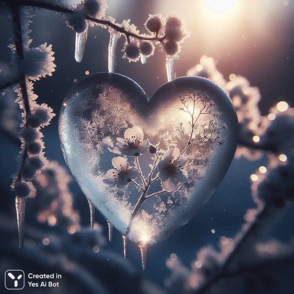Ледяное сердце с замерзшими цветами под лучами утра. Изображение из нейронной сети Dalle 3
