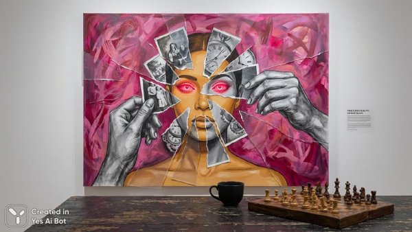 Расколотые воспоминания и двойственность в ярком искусстве с девушкой-медом и шахматами. Генерация из нейросети Нано Банана