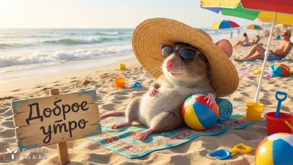 Мышка на пляже: солнечное утро и яркие развлечения. Генерация из нейросети Nano-Banana