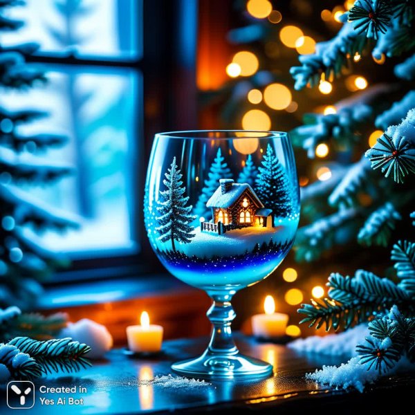 Зимняя сказка в хрустальном бокале: волшебный мир внутри стекла и льда. Нейросеть Stable Diffusion