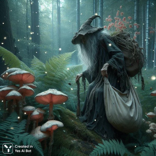 Зачарованная колдунья в сумрачном лесу: светящиеся грибы и таинственные растения. Генерация из нейронной сети Dalle