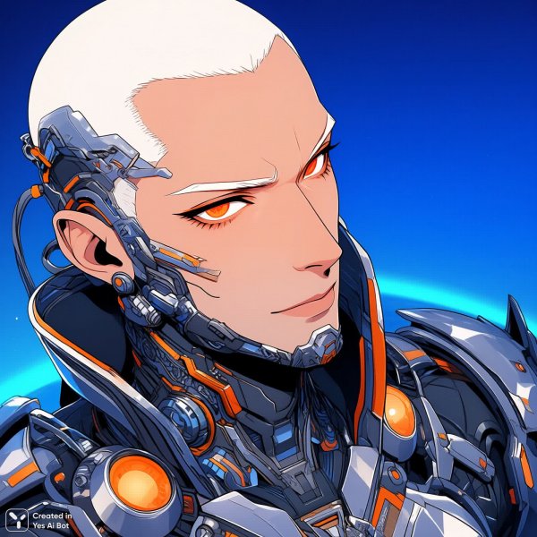 Альбинос в киберпанковой броне на фоне синей планеты: завораживающий портрет. Картинка из нейронной сети Qwen images Ai