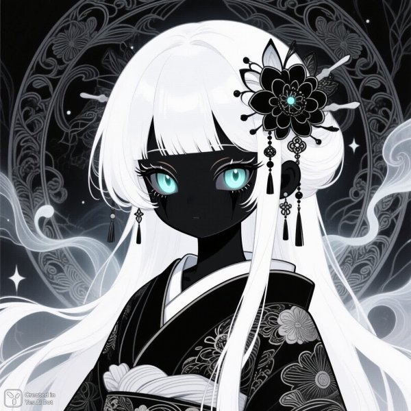 Таинственная кукла в японском стиле с завораживающим свечением и мистической атмосферой. Нейросеть QWEN