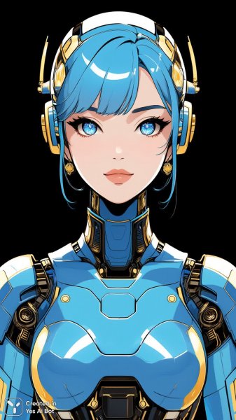 Роботом-футуристическая красавица в сине-золотой палитре и стиле киберпанк. Генерация из нейросети QWEN