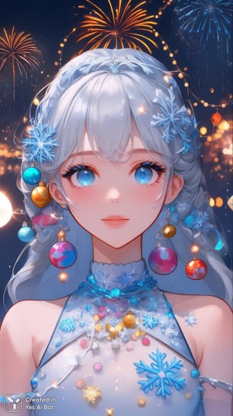 Зимняя сказка: Новогодняя иллюстрация прекрасной девушки с серебристыми волосами и голубыми глазами. Изображение из нейронной сети Qwen