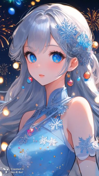 Зимняя сказка: Новогодняя иллюстрация с серебристыми волосами и голубыми глазами. Генерация из нейронной сети Qwen Image