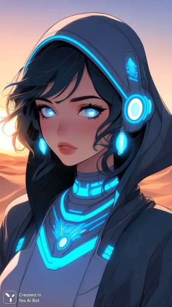 Загадочная футуристическая женщина в песках заката. Картинка из нейронной сети QWEN