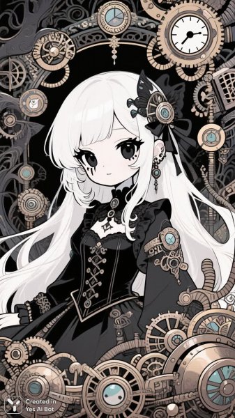 Изысканная кукла в стиле аниме и стимпанк. Изображение из нейросети QWEN