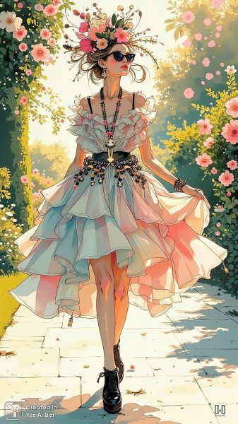 Парижский сад: танец в объятиях моды и фантазии. Картинка из нейросети Flux.1