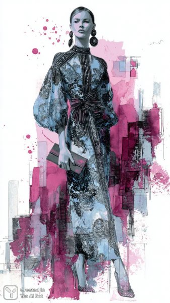 Модный силуэт: сплав авангарда и классики в ярком городском пейзаже. Изображение из нейронной сети Midjourney