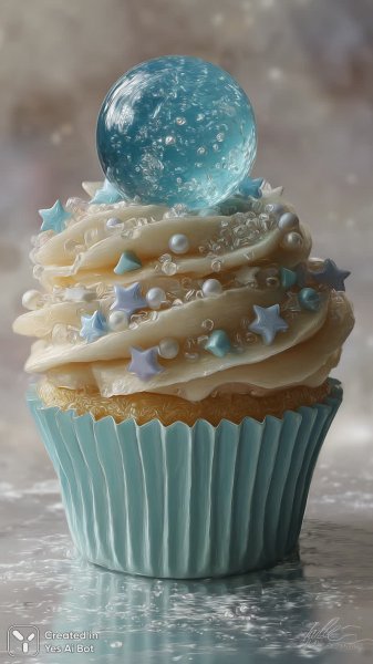 Невероятный десерт: голубой шар и звёздная пыль на капкейке. Картинка из нейросети Midjourney