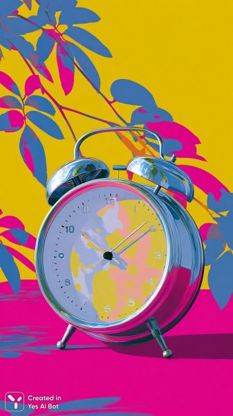 Сюрреалистичный будильник в стиле поп-арт с ярким оранжевым фоном и плавными белыми линиями. Генерация из нейронной сети Midjourney