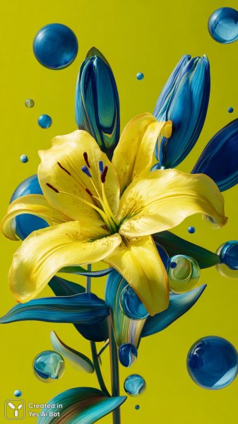 Яркий контраст желтого и синего на сочном фоне лайма с высокой четкостью. Нейросеть Midjourney