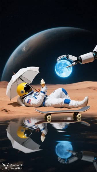 Марсианские приключения: космонавт с мороженым и робот с луной. Изображение из нейросети Qwen Ai Images