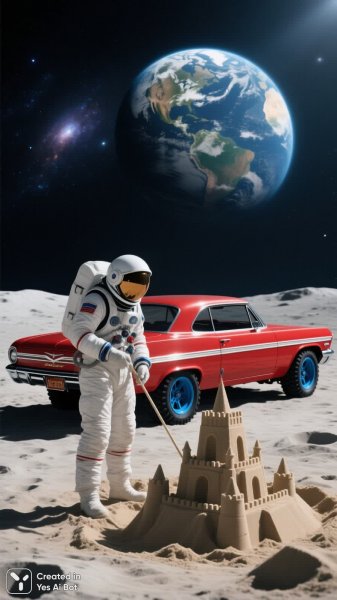 Космический архитектор: Советский космонавт строит замки на Луне под Землей и звездами. Нейросеть Qwen Ai Images