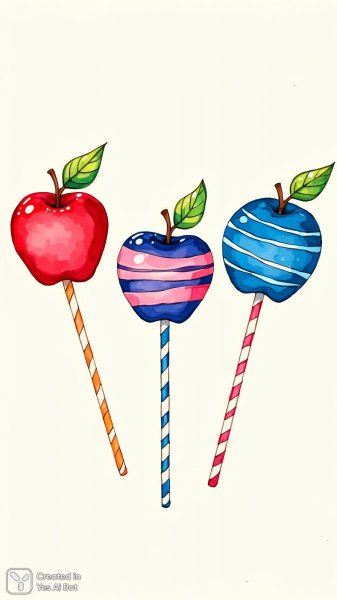 Яркое трио яблок на леденцах: игривый рисунок в стиле фэнтези. Генерация из нейросети Flux.1