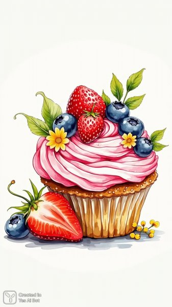 Воздушный капкейк с ягодами и цветами: нежное великолепие акварельного рисунка. Генерация из нейронной сети Flux