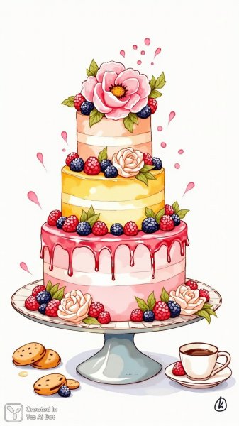 Нежный торт с ягодами и цветами: игривый рисунок в пастельных тонах. Изображение из нейронной сети Flux