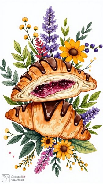 Сладкий дуэт круассанов и яркое цветочное настроение. Изображение из нейронной сети Flux.1