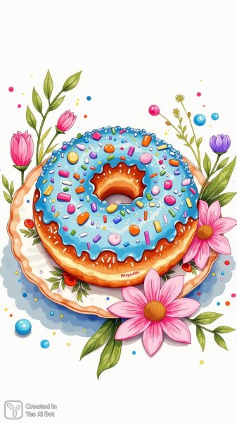 Яркий пончик с разноцветной посыпкой и сказочный фон. Картинка из нейросети Flux