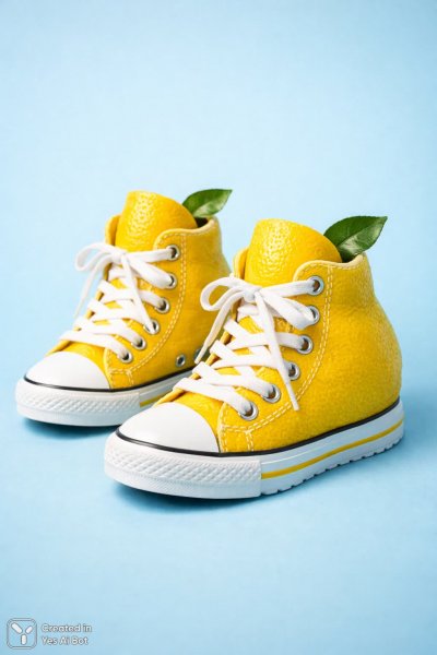 Лимоны в роли кроссовок: сюрреалистичная и яркая композиция. Картинка из нейросети Sora