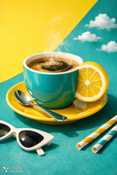 Лимонный кофе: сюрреалистичный утренний шедевр с яркими деталями и мягким освещением. Нейронная сеть Sora Ai Images