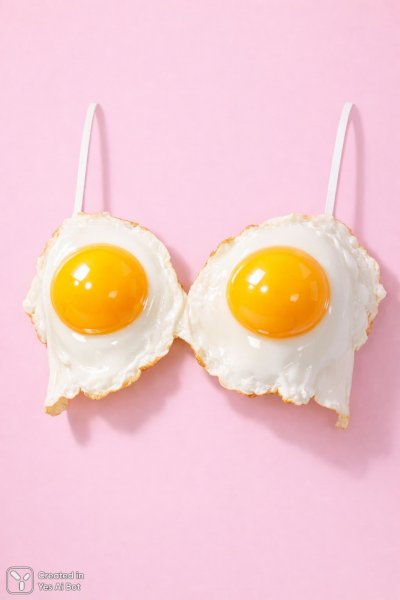 Яркая бикини-топ из яиц: сюрреалистичный минимализм в ярком свете студии. Генерация из нейронной сети Sora