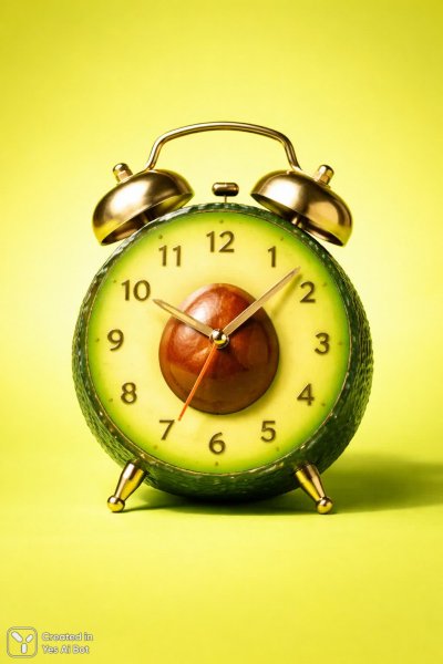 Необычный будильник с авокадо в ярком свете студии. Картинка из нейронной сети Sora Image