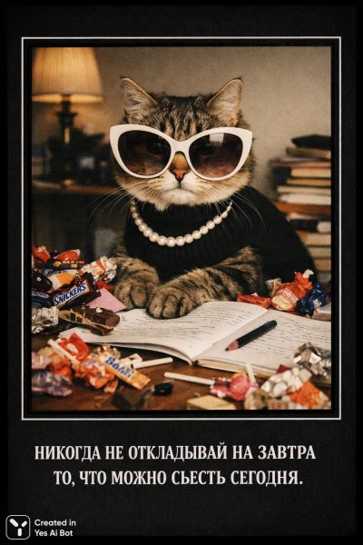 Котик-сладкоежка и вечное прокрастинирование в черно-белом фото. Генерация из нейросети Sora Ai Images