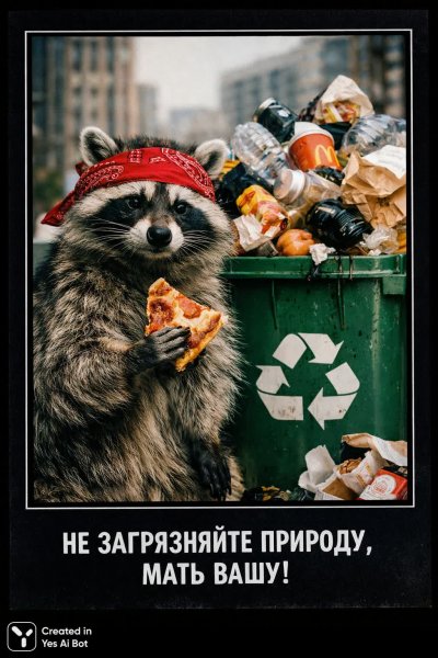 Ракун и мусорный бак: печальный урок экологического активизма. Генерация из нейросети Sora Ai Images