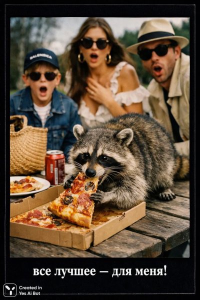 Проказник-енот и пицца: незабываемое семейное похищение вкусного угощения под лозунгом Все лучшее — для меня!. Нейросеть Sora images Ai