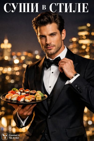 Элегантный мужчина и суши: блеск большого города. Нейросеть Sora Image