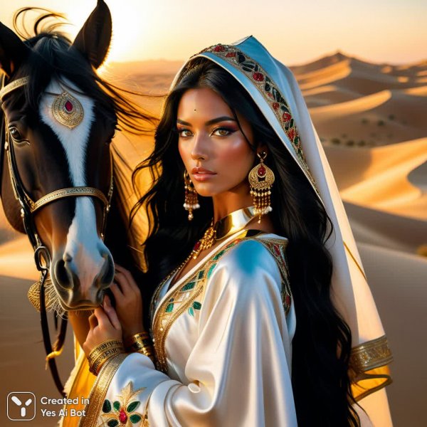 Загадочная красавица и черный конь в золотых песках заката. Картинка из нейросети Stable Diffusion