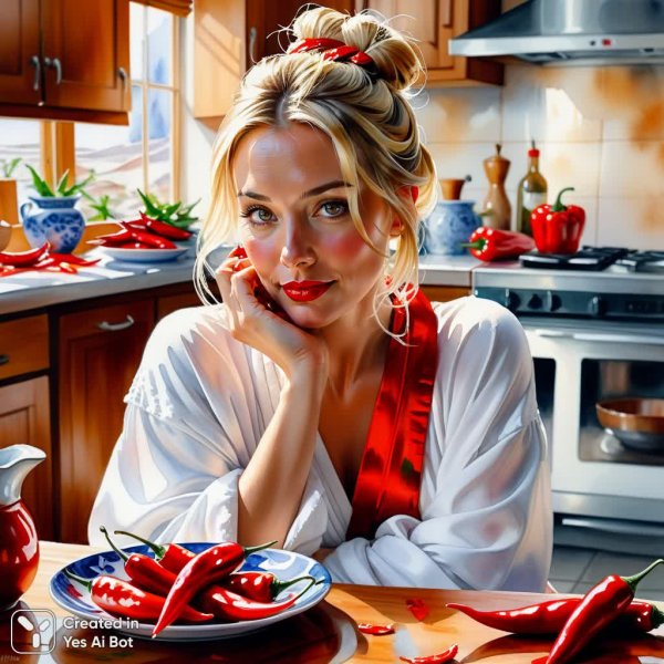 Девушка с перцем: акварель и случайный момент в кухне. Картинка из нейросети Stable Diffusion