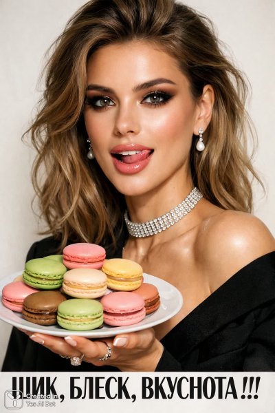 Изысканная модель с макарунами и блеском в глазах: воплощение шика и гастрономического наслаждения. Изображение из нейросети Sora images Ai